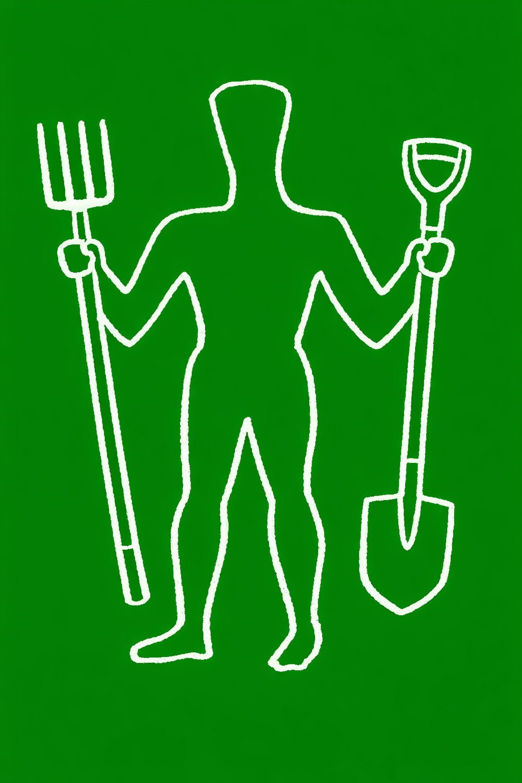 Stylised gardening figure holding a fork and spade